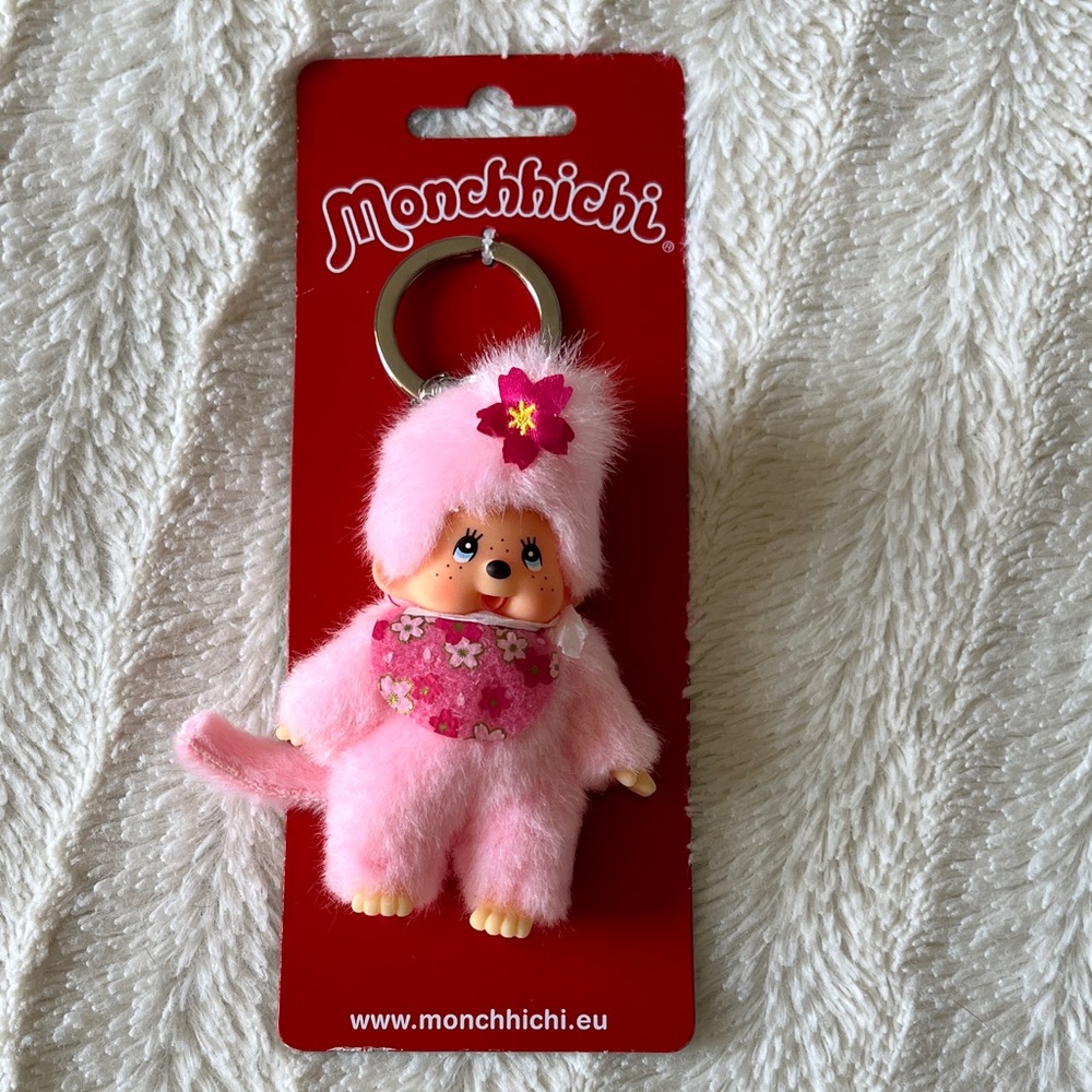 Monchhichi Pink Plush Keychain with Flower Accent